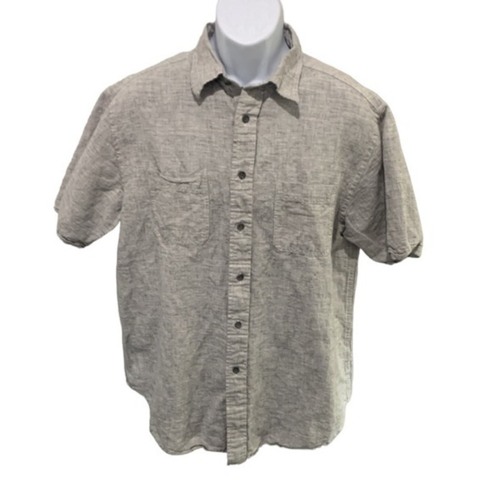 Mens Button Up Shirt Linen Blend Short Sleeve Gray Size Large